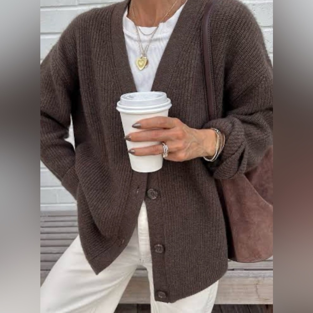 Chocolate Brown Mongolian Cashmere Oversized Boyfriend Cardigan Sweater - Picture 3 of 10